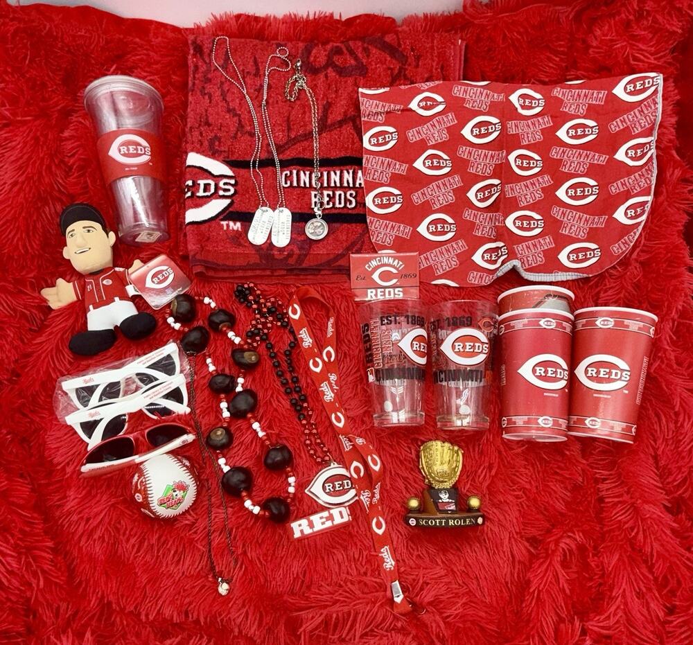 Cincinnati Reds Fan Collectible Memorabilia , Towel, Necklaces,Buckeyes, Glasses
